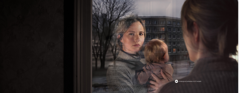 Eine Frau mit Kind am Arm schaut aus dem Fenster. Ihr Gesicht spiegelt sich im Fensterglas wider. Vor dem Fenster ist eine Wohngegend erkennbar.