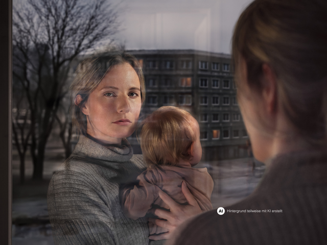 Eine Frau mit Kind am Arm schaut aus dem Fenster. Ihr Gesicht spiegelt sich im Fensterglas wider. Vor dem Fenster ist eine Wohngegend erkennbar.