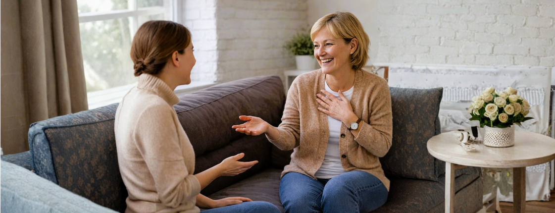 Zwei Frauen sitzen auf einer Couch und unterhalten sich