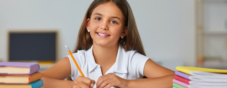 Little,Positive,Girl,Teenager,Elementary,School,Student,Posing,At,Desk