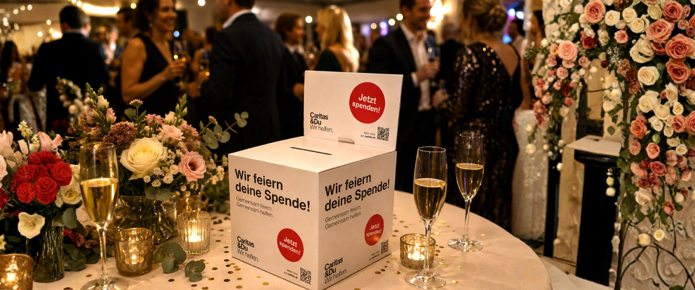 Spendendose von Caritas & Du mit Sektgläsern und Blumen bei einer Feier.