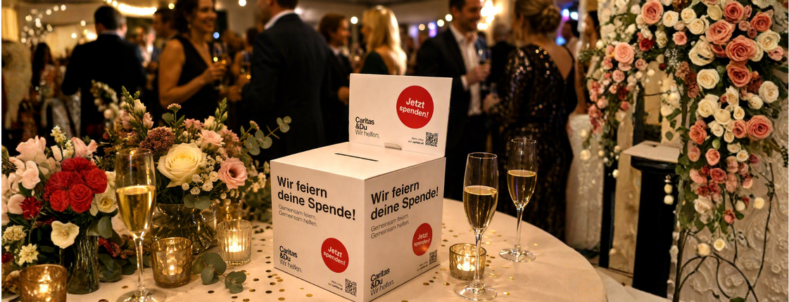 Eine Spendenbox steht auf einem Tisch bei einer Party