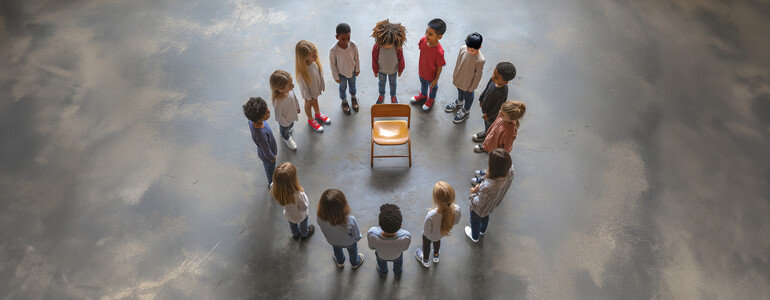 Kinder stehen im Kreis um einen leereren Stuhl herum. Der Hintergrund ist grau.