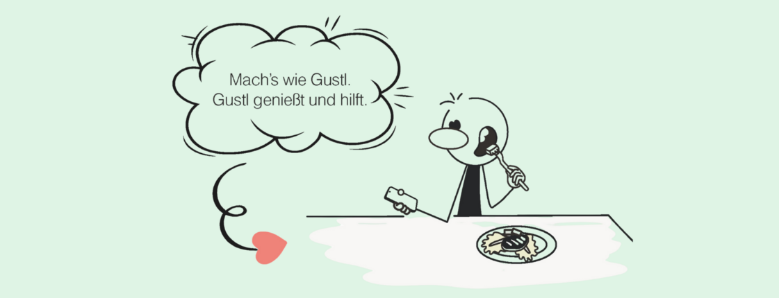 Eine Comicfigur isst an einem Tisch