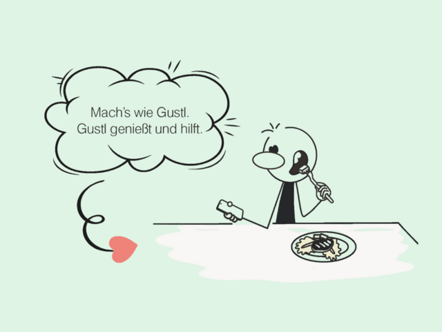 Eine Comicfigur isst an einem Tisch